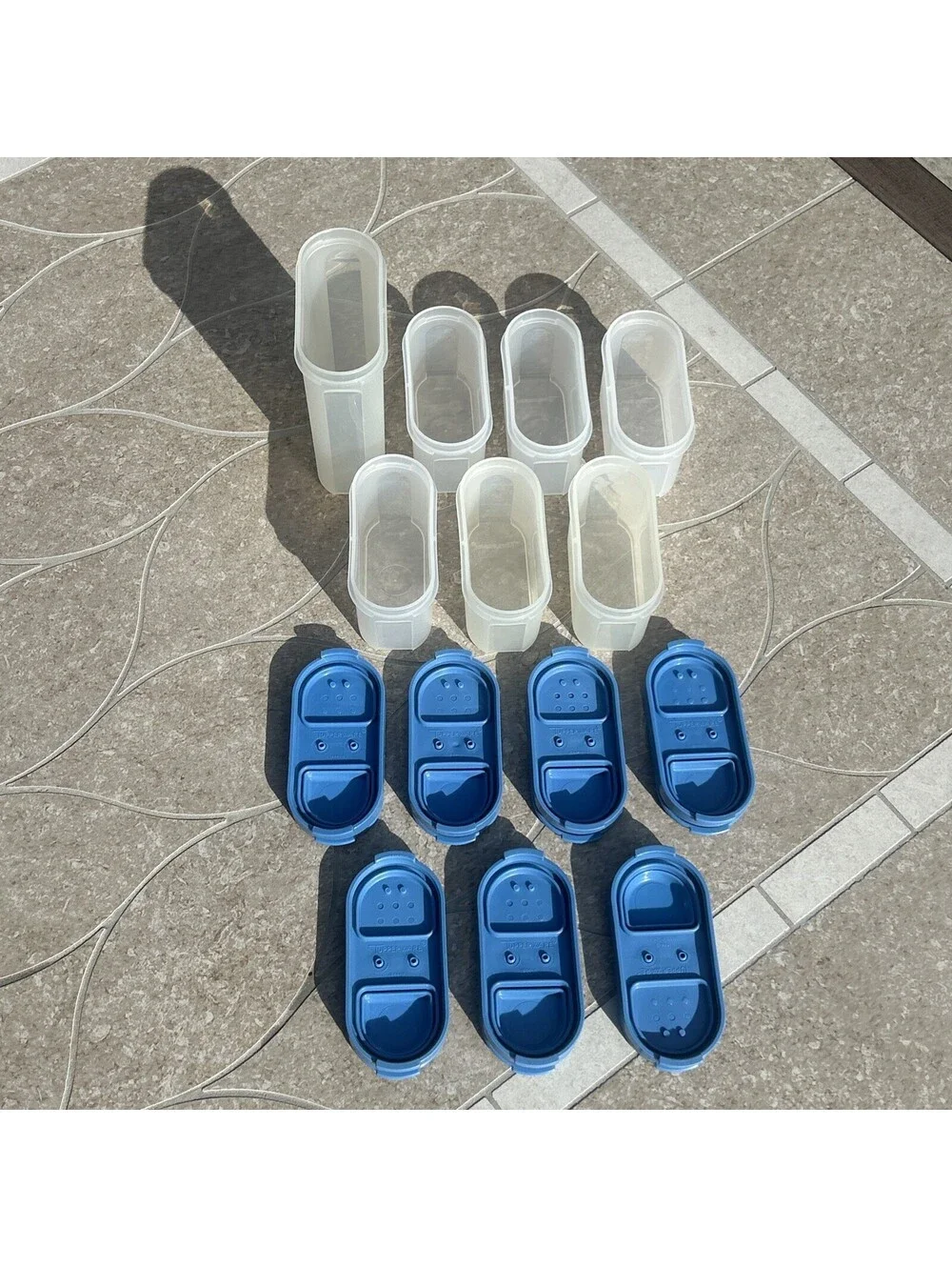 Vtg Tupperware Set of 7 Modular Mates Spice Shaker Containers 1843/1845 Blue Lid